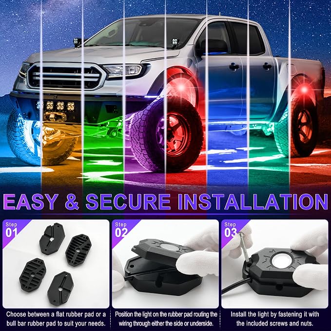 LivTee RGB LED Rock Lights Kit, 4 Pods Waterproof Underglow Neon Lights with Bluetooth App Control - Multi-Color & Music Sync Wheel Light for Trucks SUV UTV ATV RZR Golf Cart