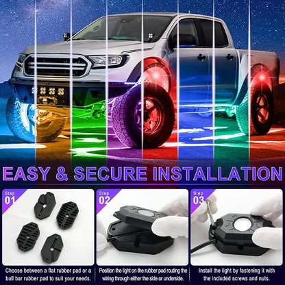 LivTee RGB LED Rock Lights Kit, 4 Pods Waterproof Underglow Neon Lights with Bluetooth App Control - Multi-Color & Music Sync Wheel Light for Trucks SUV UTV ATV RZR Golf Cart