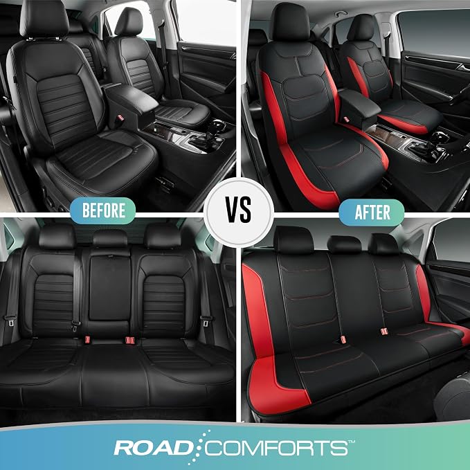 Road Comforts Seat Covers, Premium Leather Car Seat Covers Full Set,Airbag Compatible, Automotive Seat Covers Universal Fit Most Cars,Vans,Truck,SUV, Red