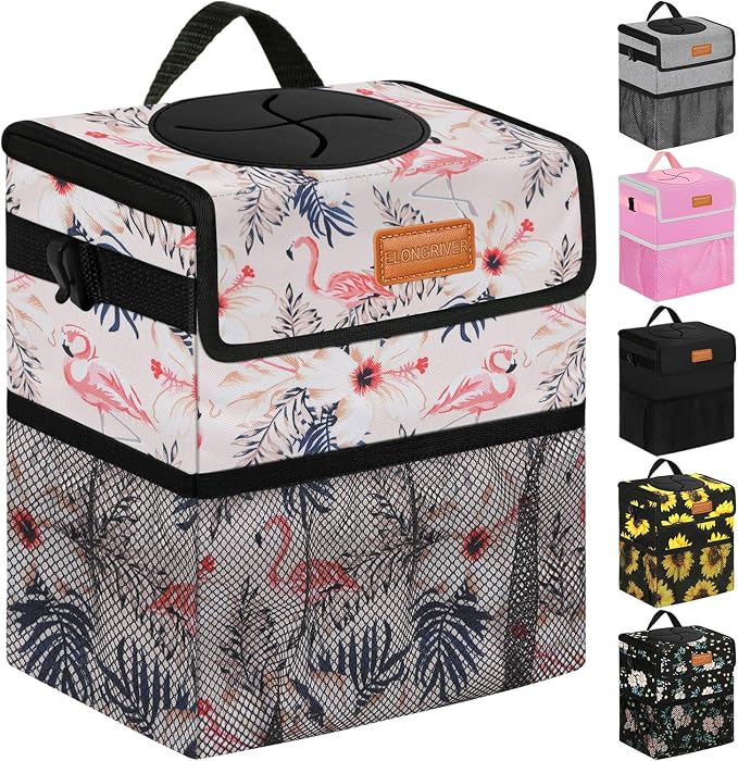 ELONGRIVER Car Trash Can Bin for Back Seat Leak Proof, Cute Car Trash Bag Hanging, Vehicle Trash Can for SUV Truck Van, Automotive Garbage Cans Front Seat Flamingos, 2 Gallons