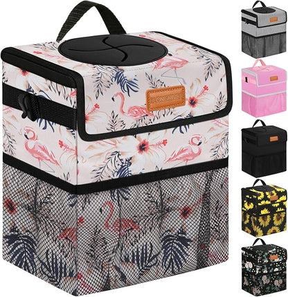 ELONGRIVER Car Trash Can Bin for Back Seat Leak Proof, Cute Car Trash Bag Hanging, Vehicle Trash Can for SUV Truck Van, Automotive Garbage Cans Front Seat Flamingos, 2 Gallons