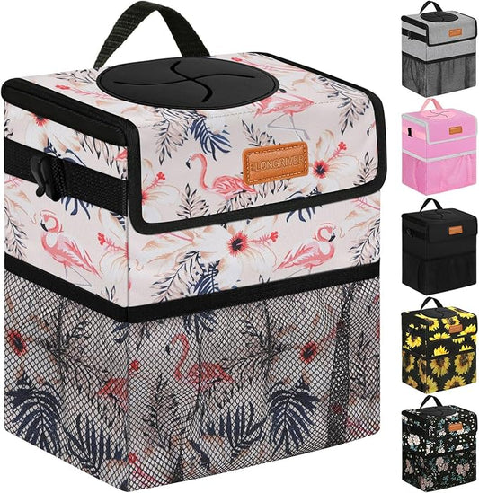 ELONGRIVER Car Trash Can Bin for Back Seat Leak Proof, Cute Car Trash Bag Hanging, Vehicle Trash Can for SUV Truck Van, Automotive Garbage Cans Front Seat Flamingos, 2 Gallons