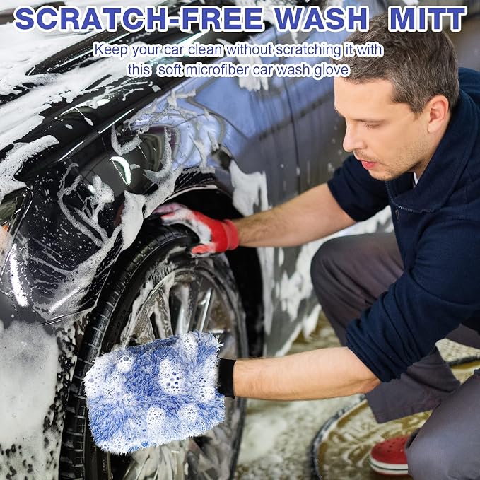 Riakrum 12 Pcs Microfiber Car Wash Mitts, Scratch Free Ultra Absorbent Car Sponge Glove Cleaner Wash Mitts for Car Wheel Trucks Home Cleaning (Black and White,Blue and White)