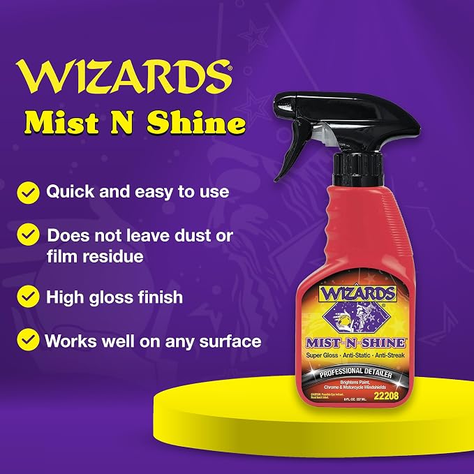 Wizards Mist-N-Shine Professional Car Detailing Spray - Quick Detailer Spray for Cars, Show-Car Gloss, Streak-Free Finish on Paint, Chrome, Glass and Plastic Trim, Wax-Free Formula - 8 oz