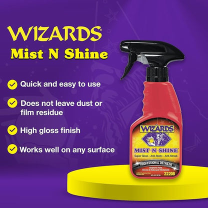 Wizards Mist-N-Shine Professional Car Detailing Spray - Quick Detailer Spray for Cars, Show-Car Gloss, Streak-Free Finish on Paint, Chrome, Glass and Plastic Trim, Wax-Free Formula - 8 oz