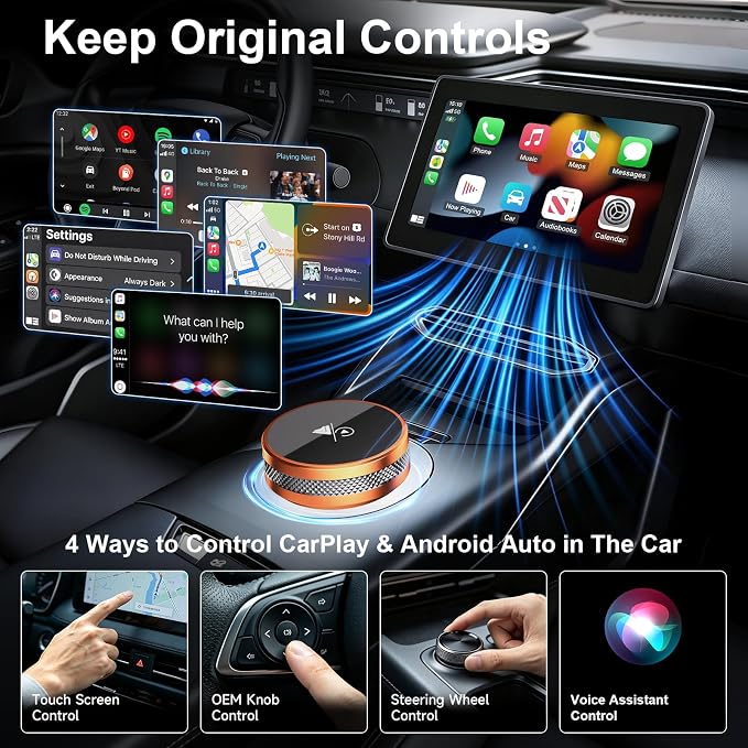 2-in-1 Wireless CarPlay & Android Auto Adapter, CarPlay Dongle Convert Wired to Wireless, Bluetooth & Wi-Fi, Plug & Play, Zero Latency, Compatible with USB/USB-C(Orange)