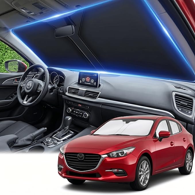for Mazda 3 Windshield Sun Shade 2014-2026, Front Window Shade Custom Fit Mazda3 Accessories Sun Visor Foldable Shade Blocks UV Rays Summer Must Have Car Accessories
