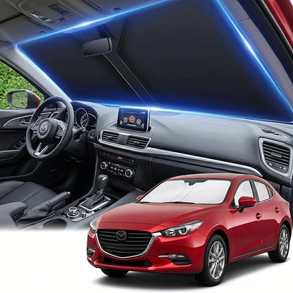 for Mazda 3 Windshield Sun Shade 2014-2026, Front Window Shade Custom Fit Mazda3 Accessories Sun Visor Foldable Shade Blocks UV Rays Summer Must Have Car Accessories