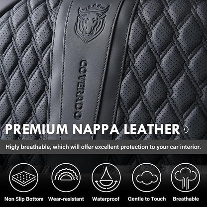 Coverado Front Seat Covers, Car Seat Covers Front Seats, Nappa Leather Seat Covers for Cars, Waterproof Seat Covers with Lumbar Support Universal Fit for Most Cars SUV Trucks (Front, Black)