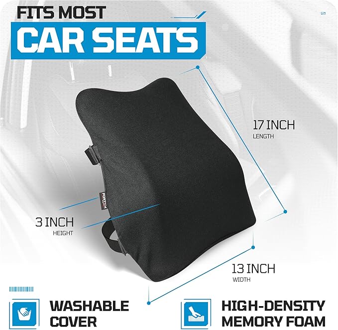FORTEM Lumbar Support Car Cushion, Memory Foam Back Pillow, Back Rest for Comfort Driving, Adjustable Straps, Washable Cover