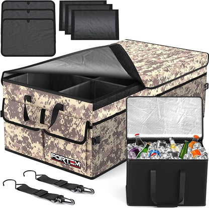 FORTEM Trunk Organizer with Cooler For SUV Car Trunk, Foldable Storage, Car Accessories for Women Men, Collapsible Bag, 600D Oxford, Non Slip Bottom, Straps, Soft Cover (105L)