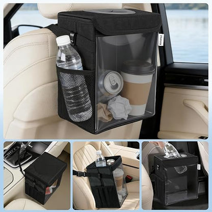Ryhpez Car Trash Can with See Through Window, Clear Black Multipurpose Car Organizer Storage with Removable Liner, Leakproof Car Garbage Container for Vehicles, SUV, Truck (2.1Gallon/8L)