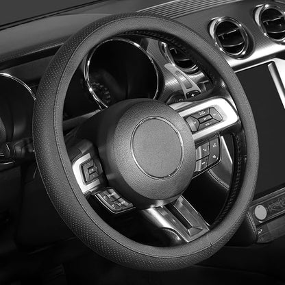 SEG Direct Black Car Steering Wheel Cover Medium Size 14.5-15 inch (37-39 cm), Breathable Microfiber Leather