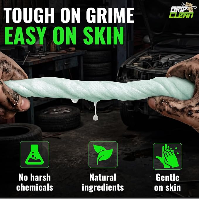 Grip Clean Heavy Duty Hand & Tool Cleaning Wipes – Waterless Hand Cleaner for Mechanics, Garage & Shop Use – Dual-Sided Grease, Oil & Paint Remover Wipes with Citrus Scent - 72ct (6 Pack)
