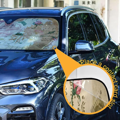 Vintage Shabby Chic Pink Rose Floral Car Windshield Sunshade,Foldable Car Sun Shade for Front Windshield Sunshades Protector Blocks UV Rays Sun Visor Protect and Cool Your Vehicle Interior