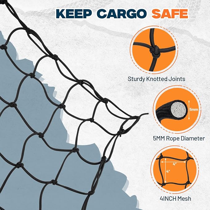 4' x 6' Cargo Net (Stretches to 8'x12') with 12 Metal Carabiners | 4" x 4" Mesh, Bungee Truck Bed Net, Large Items Organizer Accessory for Pickup Trucks, RVs, and Cargo Storage