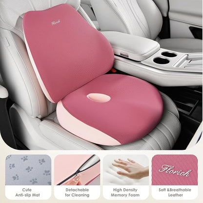 FLORICH Large Car Seat Cushion and Lumbar Support Pillow, Ergonomic Memory Foam Driving Seat Cushion for Back & Sciatica Pain Relief, Non-Slip Washable Seat Cushion for Car, Driver, Office-Pink
