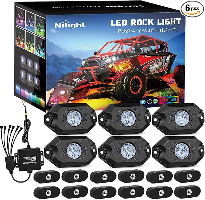 Nilight RGB LED Rock Lights Kit 6 PCS Underglow Multicolor Neon Light Pod with Magnetic Base Bluetooth App Control Flashing Music Mode IP68 Wheel Well Light for Truck ATV UTV RZR SUV