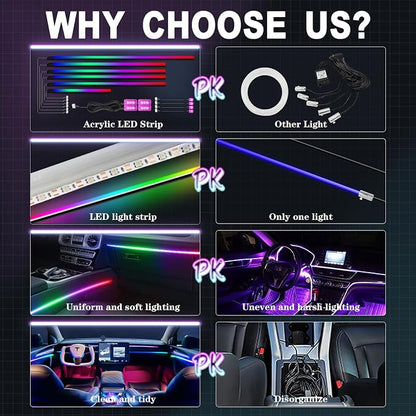 Dreamcolor Acrylic Interior Car LED Strip Light with Wireless APP Control, RGB 14-in-1 Ambient Lighting Kit with Music Sync, Dynamic Color Chasing Neon Light Kits for Car Interior