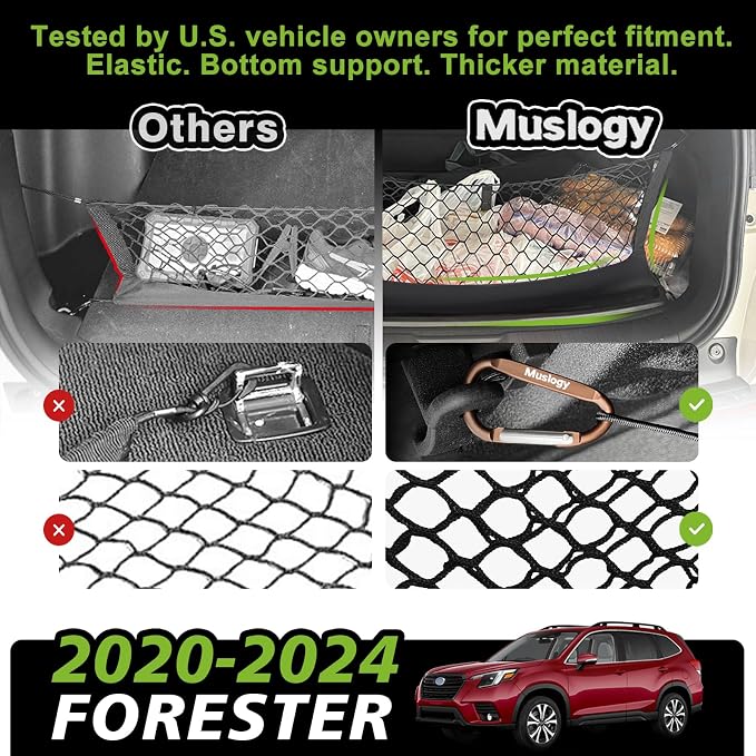 Muslogy Truck Bed Cargo Net Trunk Netting Compatible with 2020-2024 Subaru Forester Accessories, Pickup Cargo Organizer SUV Sedan Storage Net w/Heavy Duty Carabiners