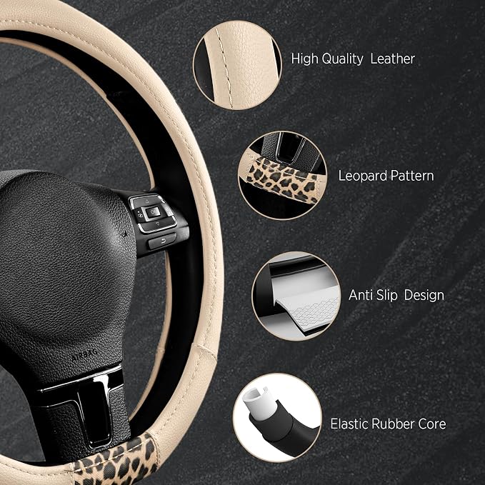 Road Comforts Steering Wheel Cover - Flat Bottom Wheel Cover Made with PVC Leather and Leopard Fabric - Universal Fit for 15-Inch D-Shaped Automotive Steering Wheels (Milky White)