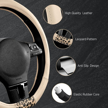 Road Comforts Steering Wheel Cover - Flat Bottom Wheel Cover Made with PVC Leather and Leopard Fabric - Universal Fit for 15-Inch D-Shaped Automotive Steering Wheels (Milky White)