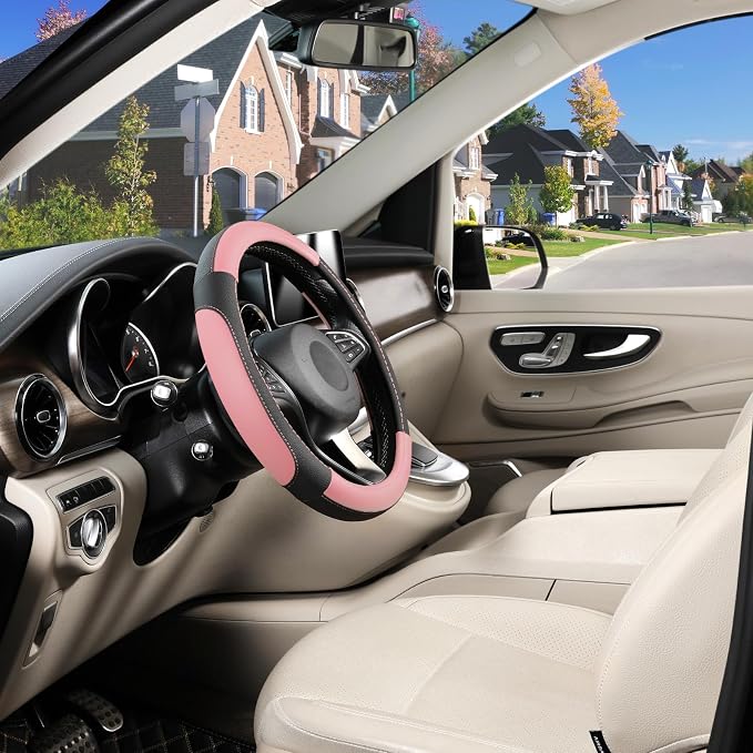 SEG Direct Steering Wheel Cover for Car, Standard Size 14.5-15 inch, Auto Interior Accessories, Black and Pink