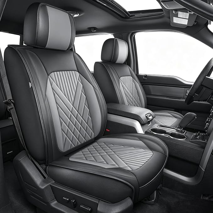 IKABEVEM for Ford F150 2009-2024 2025 2026 Seat Covers & F250 F350 F450 2017-2025 2026 Seat Cushion Cover with Faux Leather(Full Set,Black&Grey)