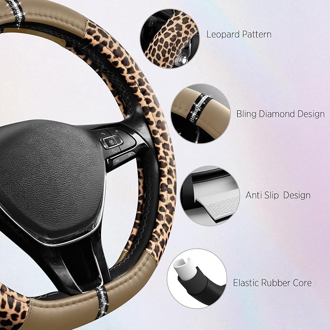 Road Comforts Leopard Steering Wheel Cover for Women, Cute Anti-Slip Microfiber Leather, Fits D Shape Flat Bottom Steering Wheel 14.5-15 Inch - Beige