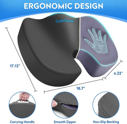CushZone Seat Cushion, Office Chair Cushions, Car Seat Cushion, Non-Slip Sciatica & Back Coccyx Tailbone Pain Relief Chair Pad, Memory Foam Pillow for Computer Desk, Wheelchair, Driving(Grey)