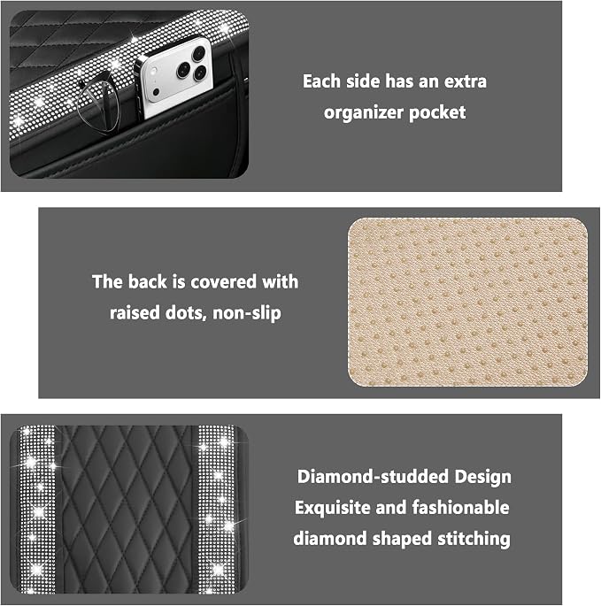 Stacool Upgraded Car Center Console Cover with Rhinestones,Microfiber Leather Car Armrest Cover Cushion with 2 Storage Bags,Universal Cars Armrest Storage Box as Cars Interior Accessories