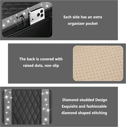 Stacool Upgraded Car Center Console Cover with Rhinestones,Microfiber Leather Car Armrest Cover Cushion with 2 Storage Bags,Universal Cars Armrest Storage Box as Cars Interior Accessories