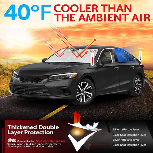 KAYZT Windshield Sun Shade for Honda Civic 2022-2025 11th Gen Foldable Sunshade Front Window Custom Fit Accessories