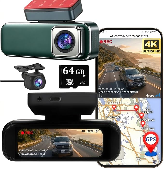 4K Dash Cam Front and Rear with GPS WiFi, Dual Car Camera for Uber Lyft Taxi Drivers, 64GB Card, 4K+1080P, HDR Night Vision, 3.19" IPS Screen, Parking Mode, Loop Recording