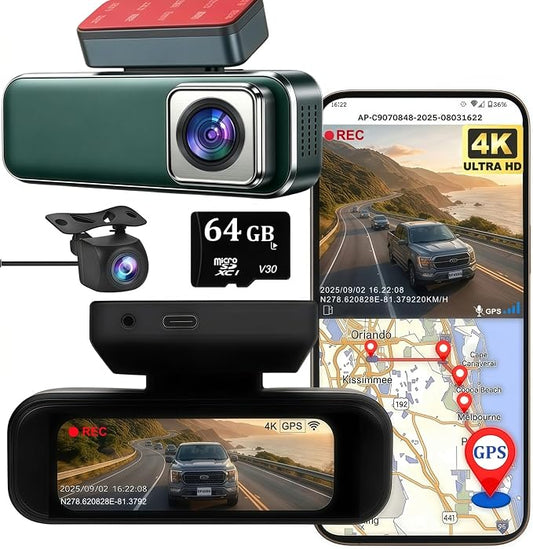 4K Dash Cam Front and Rear with GPS WiFi, Dual Car Camera for Uber Lyft Taxi Drivers, 64GB Card, 4K+1080P, HDR Night Vision, 3.19" IPS Screen, Parking Mode, Loop Recording