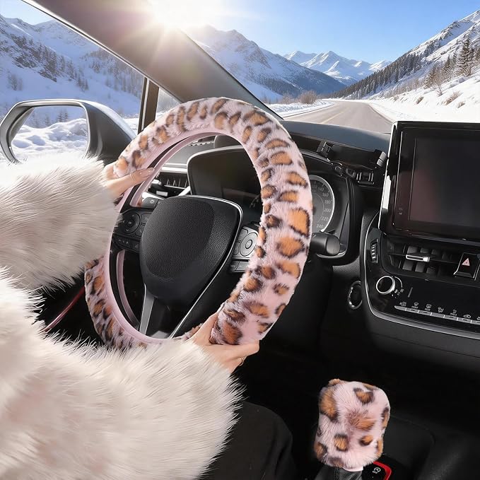 SEG Direct Furry Car Steering Wheel Cover with Gear Shift Cover, Soft and Warm, Cute Fluffy Auto Decor for Women Men, Standard Size, 2 PCS Set, Pink Leopard