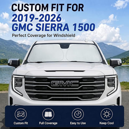 Sun Shade for 2019-2024 2025 2026 GMC Sierra 1500 2500 3500 SLT, AT4, Denali Pickup Accessories Windshield Sunshade Cover Front Window Shade Fit Sierra 1500 Sun Visor Protector Foldable Blocks UV Rays