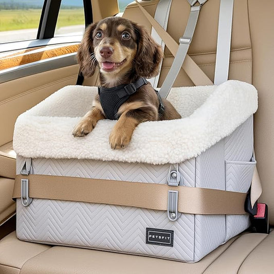 PETSFIT Small Dog Car Seat, Waterproof PU Leather Dog Booster Car Seat with Patented Safe Buckles, Pet Carseat for Medium or Small Sized Pets up to 30 lbs (Grey)