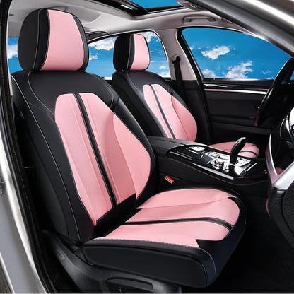 Huidasource Seat Covers Full Set, Luxury Faux Leather Seat Covers, Velcro Adjustable, with Airbags, Thinning Design Perforation Cooling＆Heating Universal Fit for Most Cars Vans Trucks SUVs, Black&Pink