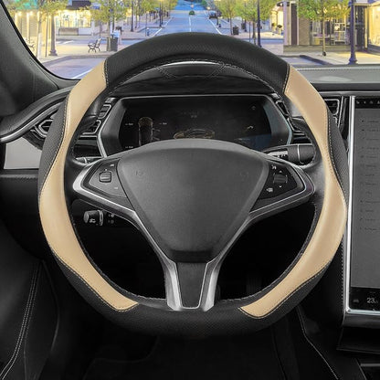 SEG Direct D Shaped Steering Wheel Cover, Flat Bottom Car Wheel Cover 14 1/2-15 in. (37-39 cm), Black and Beige Microfiber Leather