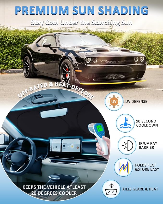 Sun Shade for Challenger Windshield Sunshade for 2015-2023 Dodge Challenger Accessories Coupe,SRT Hellcat,Redeye,GT,RT,TA Coupe,Widebody,SXT,RT Scat Pack Front Window Cover Shield Visor Protector