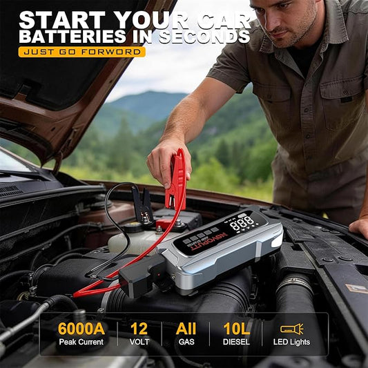6000A Jump Starter with Air Compressor, PD 65W Fast Recharging,Portable Car Battery Jumper Starter for All Gas &10.0L Diesel, Dual Cylinder Fast Inflator with Light,12V Battery Booster Emergency Kit