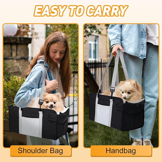 Portable Dog Car Seat for Small Dogs - Pet Booster Seat with Safety Leash, Adjustable Straps, Washable Cushion & Storage Pocket - Center Console Puppy Car Seat for Travel - Black