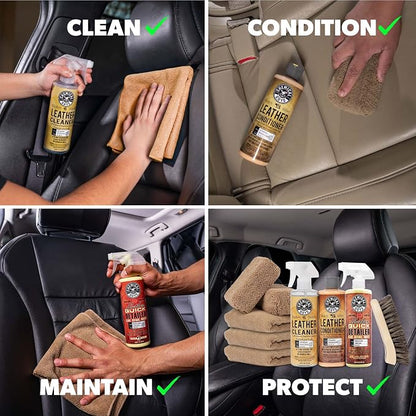 Chemical Guys Leather Cleaner and Conditioner Detailing Kit - Leather Care Kit For Natural, Synthetic, Faux, Pleather, and More for Car Interiors, Apparel, Furniture, Boots & Accessories - 9 Items