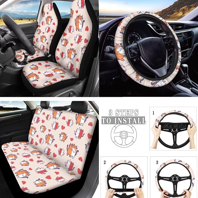 Couple Tabby Cat Car Seat Covers Set of 10, Love Heart Cartoon Cats Car Interior Accessories, Heart Shape Kitten Seatbelt Covers Polyester Front Seat Rear Seat Cover