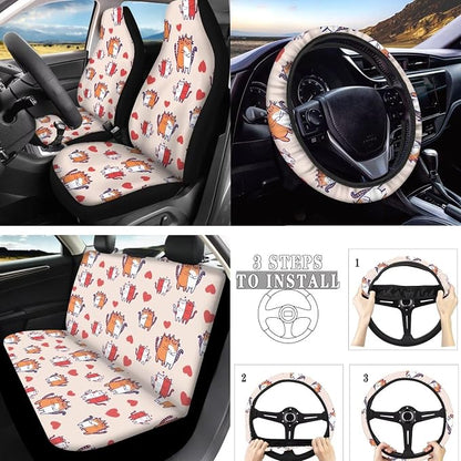 Couple Tabby Cat Car Seat Covers Set of 10, Love Heart Cartoon Cats Car Interior Accessories, Heart Shape Kitten Seatbelt Covers Polyester Front Seat Rear Seat Cover