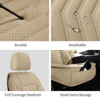 HChengkikz Nappa Leather Car Seat Covers Front Seats, Beige Car seat Protector, Waterproof Car Seat Cushion, Universal Automotive Seat Covers Fit for SUV Truck Pick-up Sedan and Most Cars