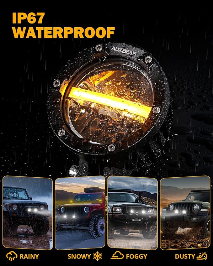 Auxbeam 4 Inch 110W Round Offroad Lights, Amber DRL Design 11000LM LED Light Pods, Super Bright 7035 SMD LED Work Driving Fog Light with DT Wiring Harness Kit for Truck Jeep Pickup SUV ATV UTV, 2 PCS