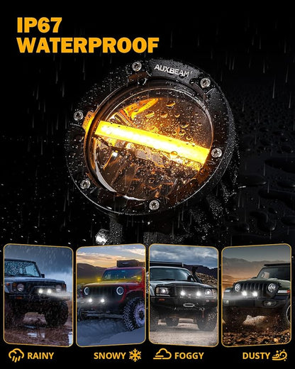 Auxbeam 4 Inch 110W Round Offroad Lights, Amber DRL Design 11000LM LED Light Pods, Super Bright 7035 SMD LED Work Driving Fog Light with DT Wiring Harness Kit for Truck Jeep Pickup SUV ATV UTV, 2 PCS