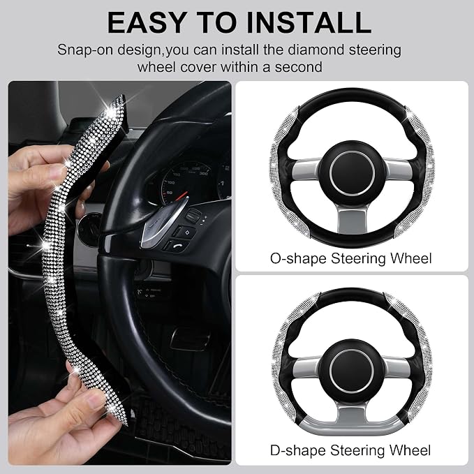 CAR PASS Bling Diamond Segmented Steering Wheel Cover with Crystal Rhinestones, 2PCS Wheel Protector Non-Slip Cute Car Accessories Universal Fit D-Shape O-Shape 14.5" to 16" for Women, Silver Diamond